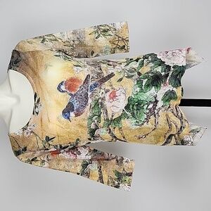 Colour Works Women's Floral Bird Print Top 3/4  Sleeves Rhinestones Size Medium